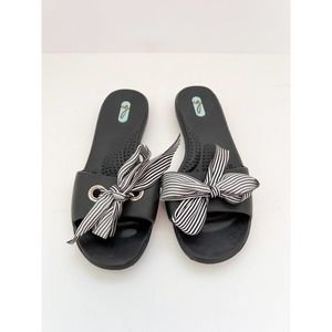OKA.B Women's Black Striped Bow Vamp Round Toe Madison Slide Sandals sz M/US 7-8
